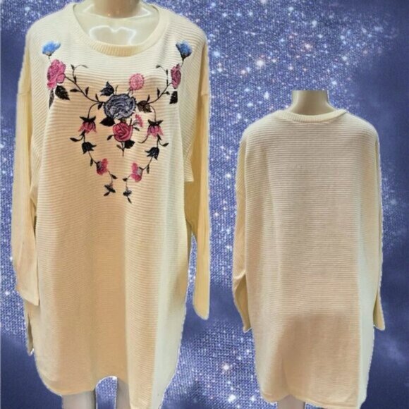 Woman Within +2X Cream Embroidered Floral Crew Neck Ribbed Knit Long Sleeve Top - Picture 1 of 6